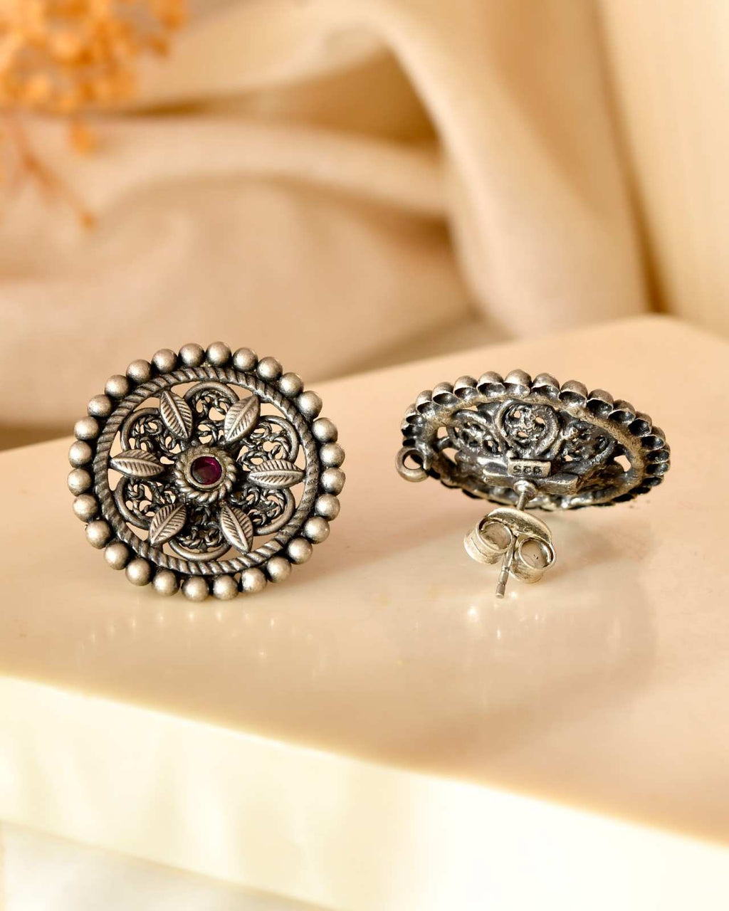 Handcrafted 925 Silver Pink Stone Filigree Beaded Stud Earrings