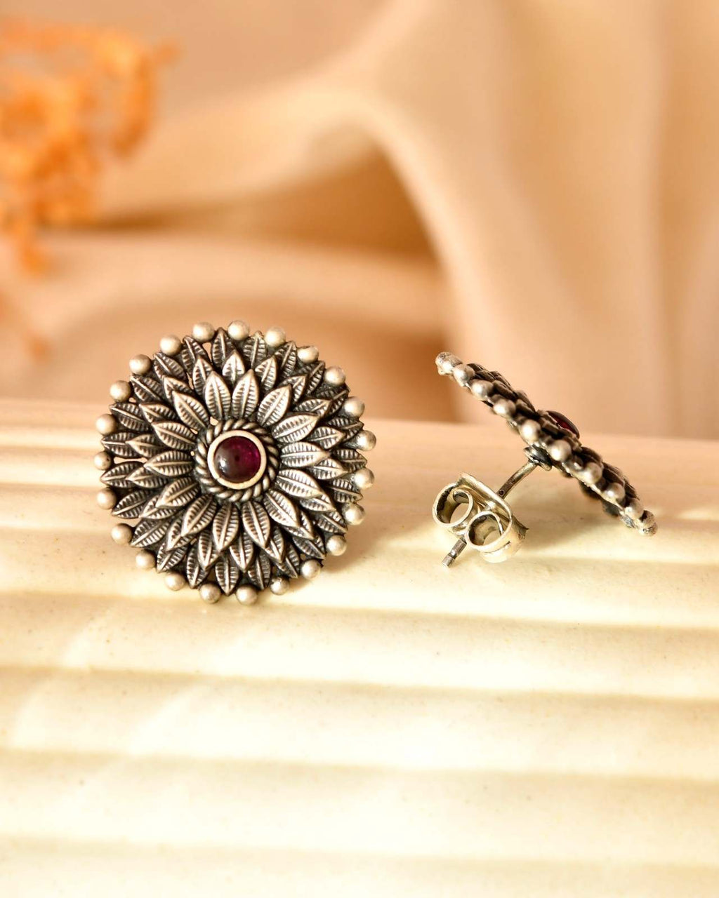 Handcrafted 925 Silver Pink Stone Sunflower Stud Earrings