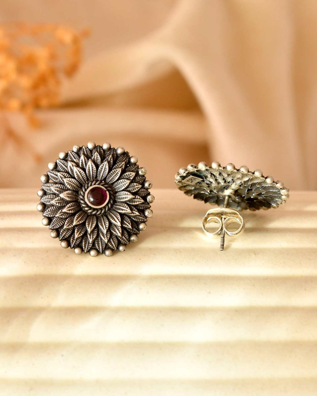 Handcrafted 925 Silver Pink Stone Sunflower Stud Earrings