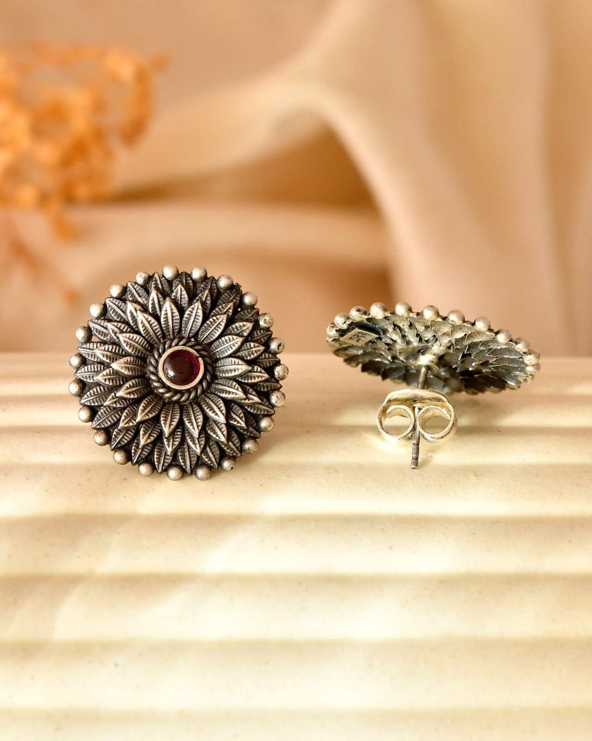 Handcrafted 925 Silver Pink Stone Sunflower Stud Earrings
