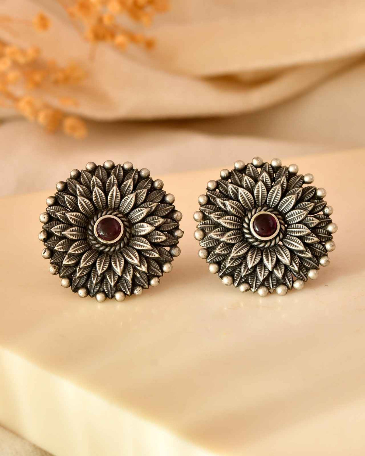 Handcrafted 925 Silver Pink Stone Sunflower Stud Earrings
