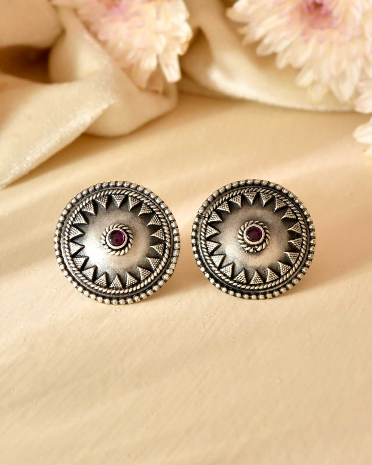 Handcrafted 925 Silver Pink Stone Geometric Tribal Stud Earrings