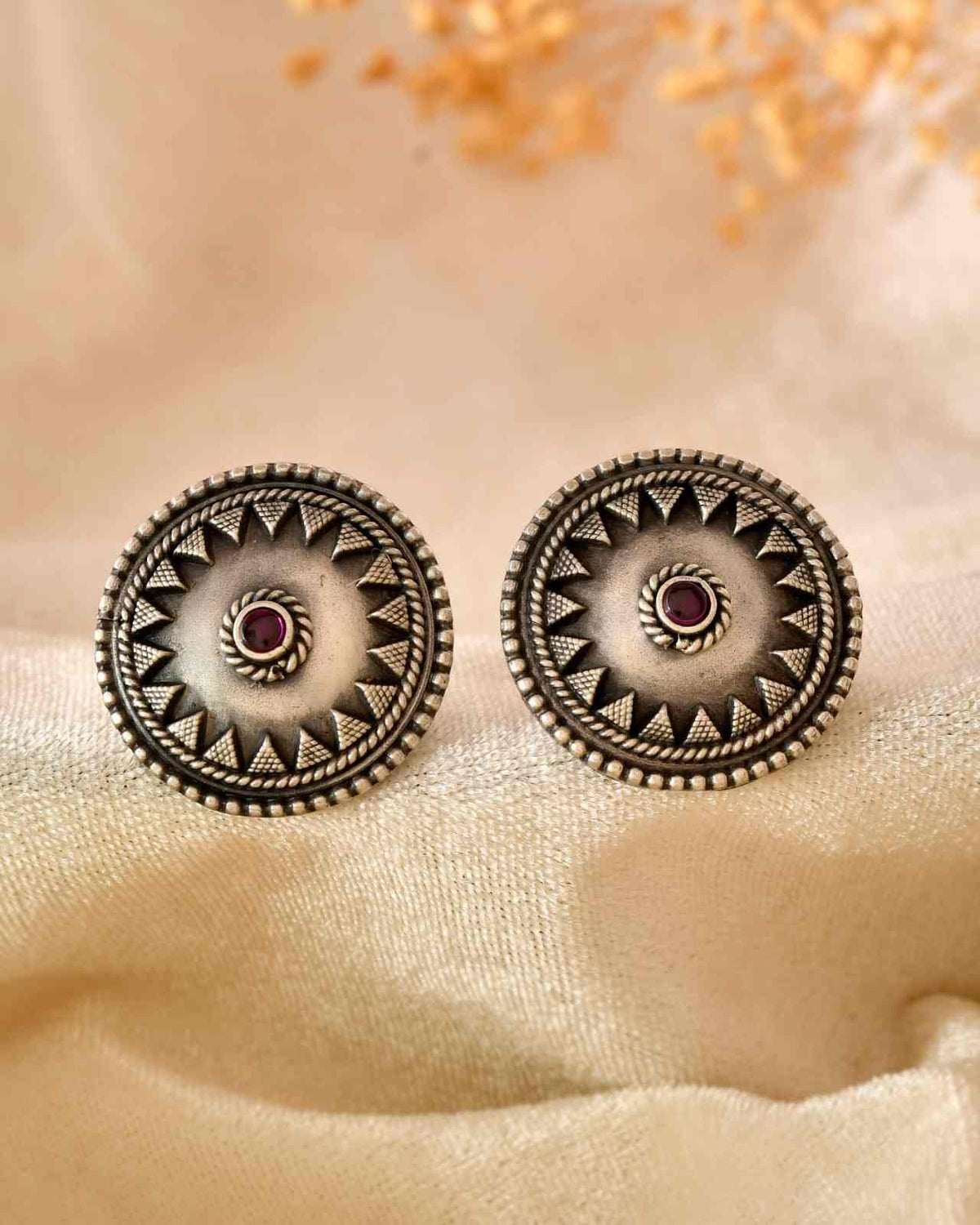 Handcrafted 925 Silver Pink Stone Geometric Tribal Stud Earrings