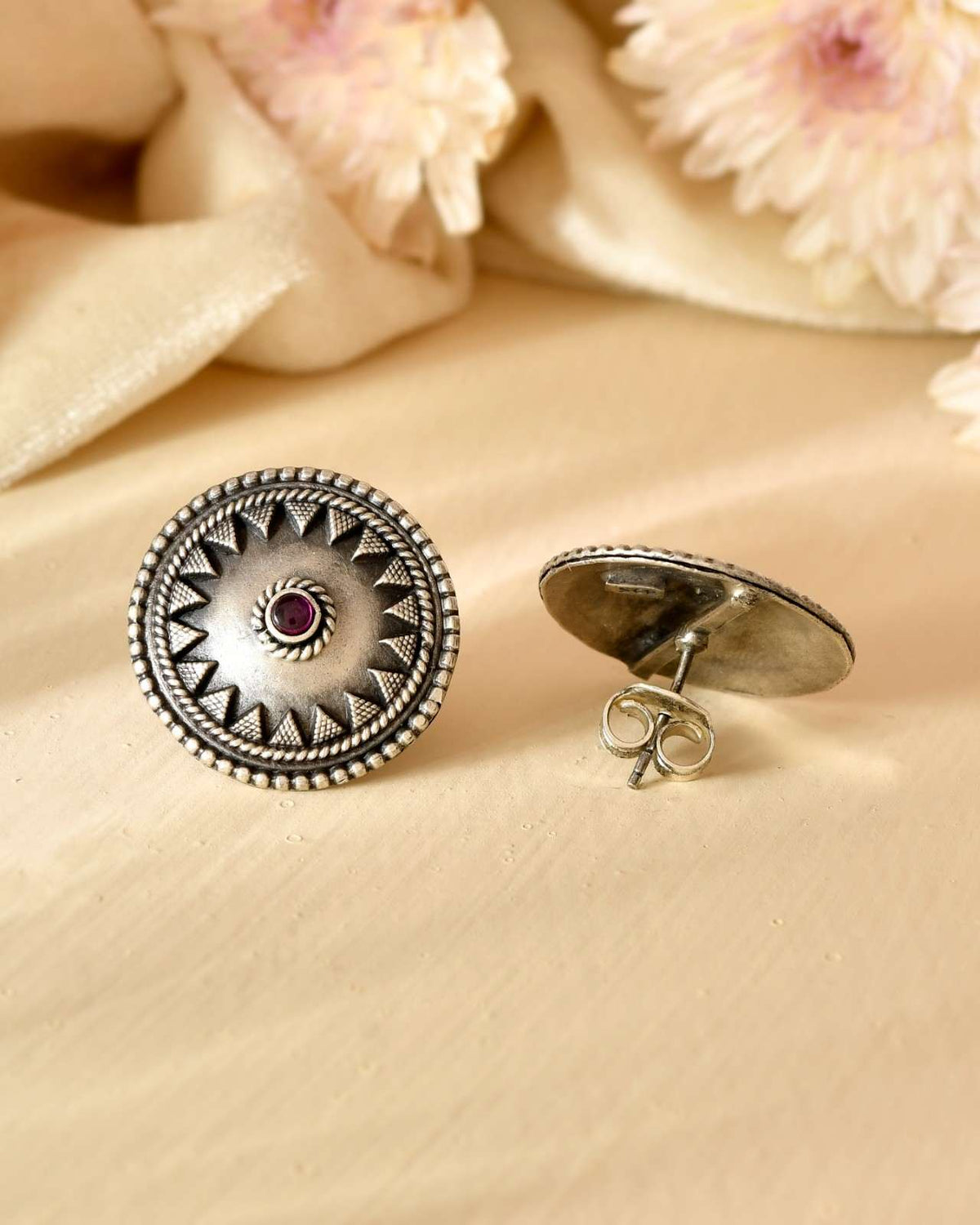 Handcrafted 925 Silver Pink Stone Geometric Tribal Stud Earrings