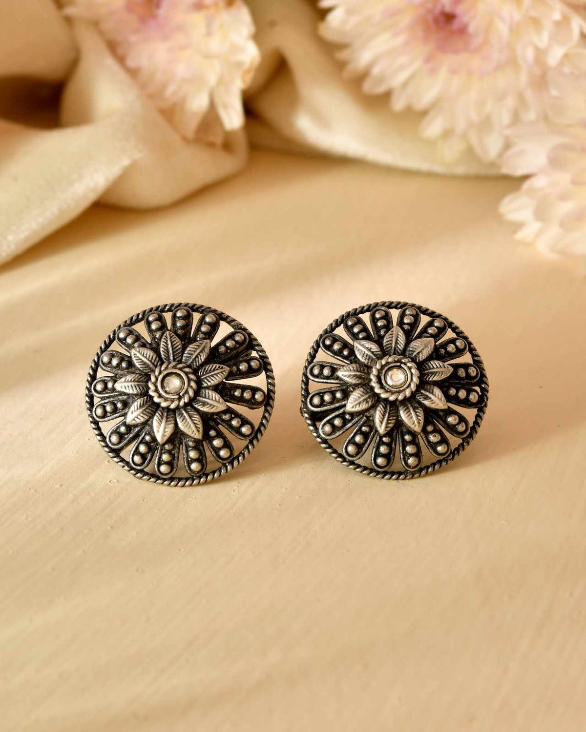 Handcrafted 925 Silver White Stone Floral Stud Earrings