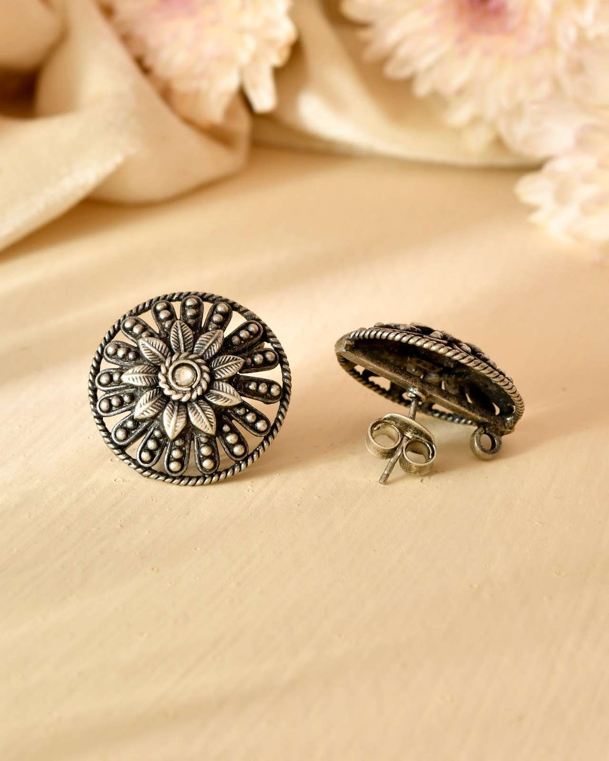 Handcrafted 925 Silver White Stone Floral Stud Earrings