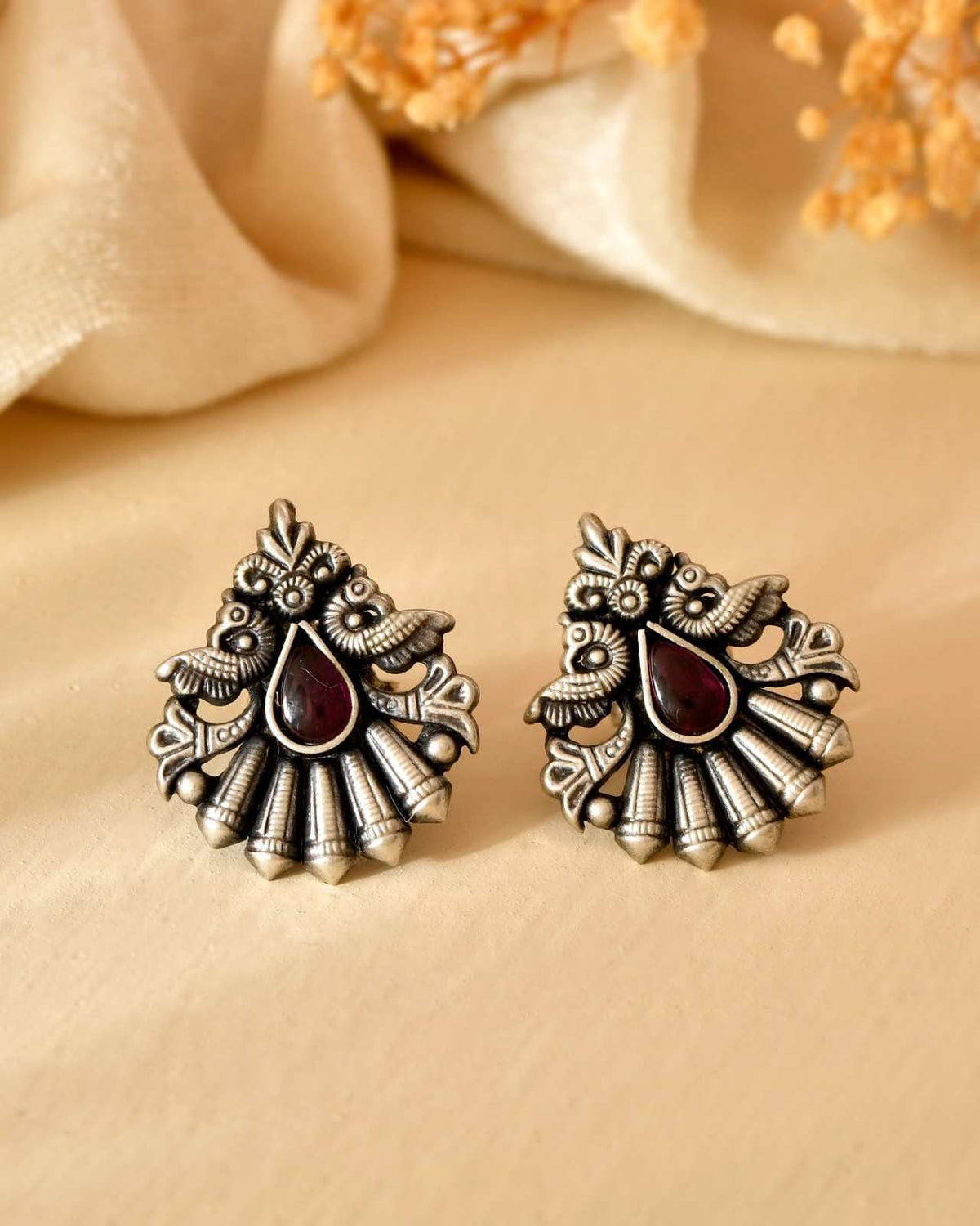 Handcrafted 925 Silver Pink Stone Sunflower Stud Earrings