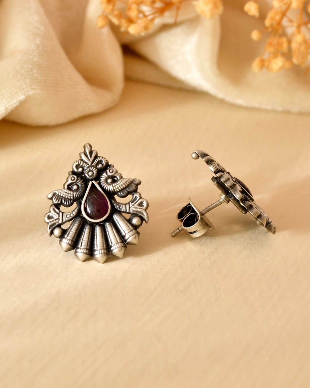 Handcrafted 925 Silver Pink Stone Sunflower Stud Earrings