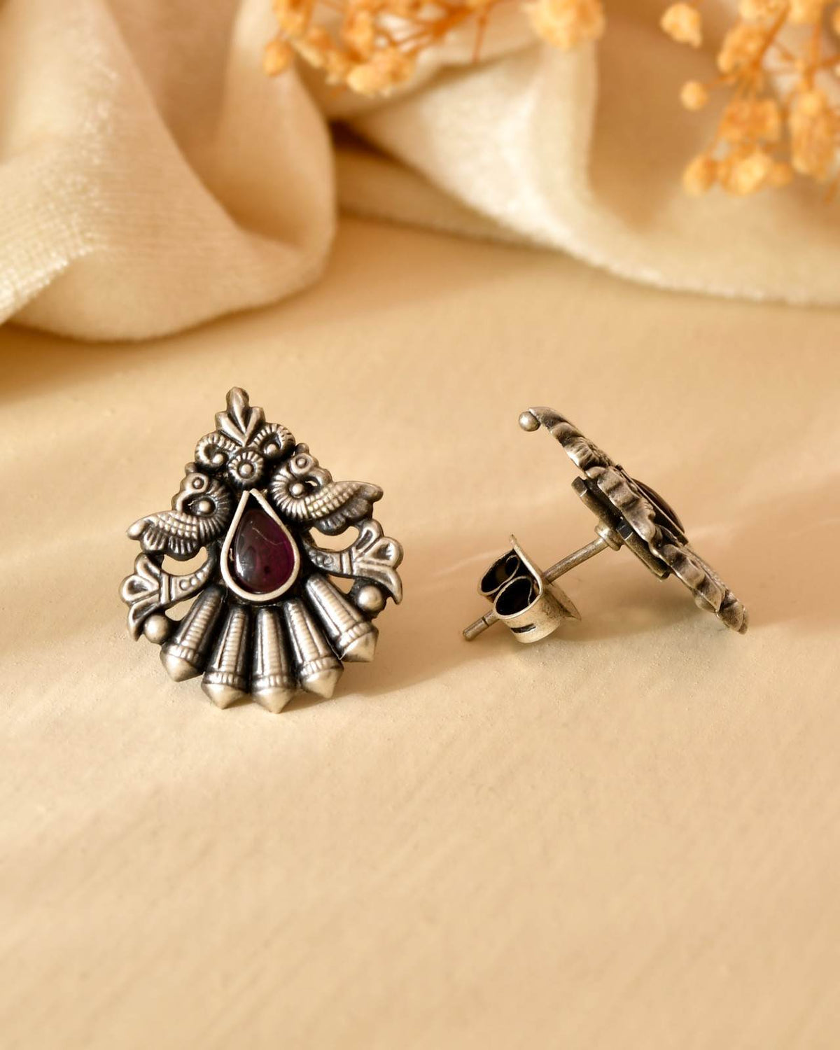 Handcrafted 925 Silver Pink Stone Sunflower Stud Earrings