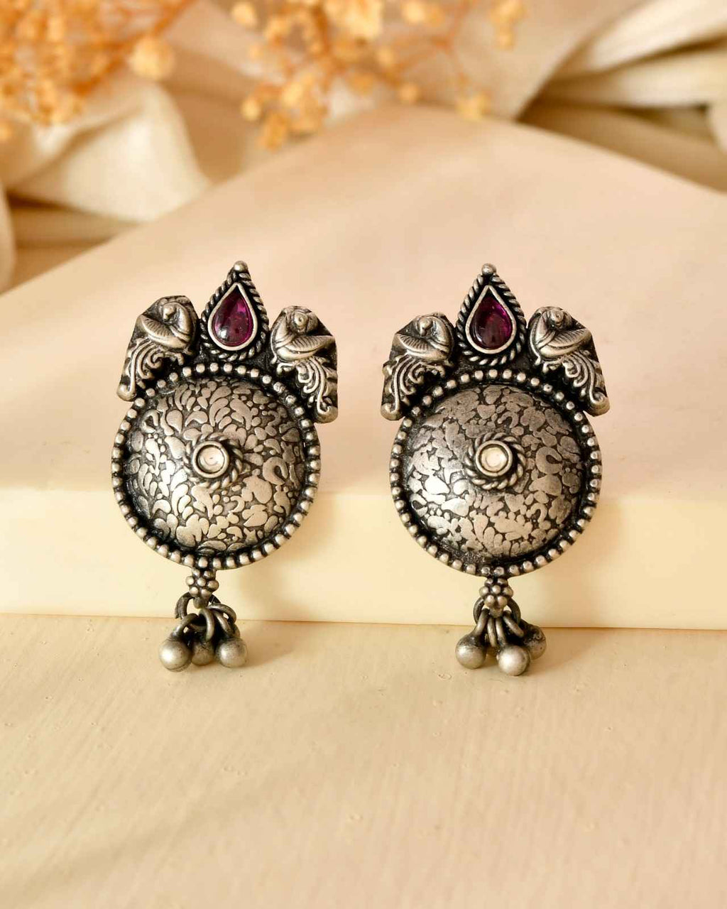 Handcrafted 925 Silver Pink & White Stone Peacock Stud Earrings with Ghungroo Drops