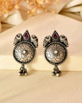 Handcrafted 925 Silver Pink & White Stone Peacock Stud Earrings with Ghungroo Drops