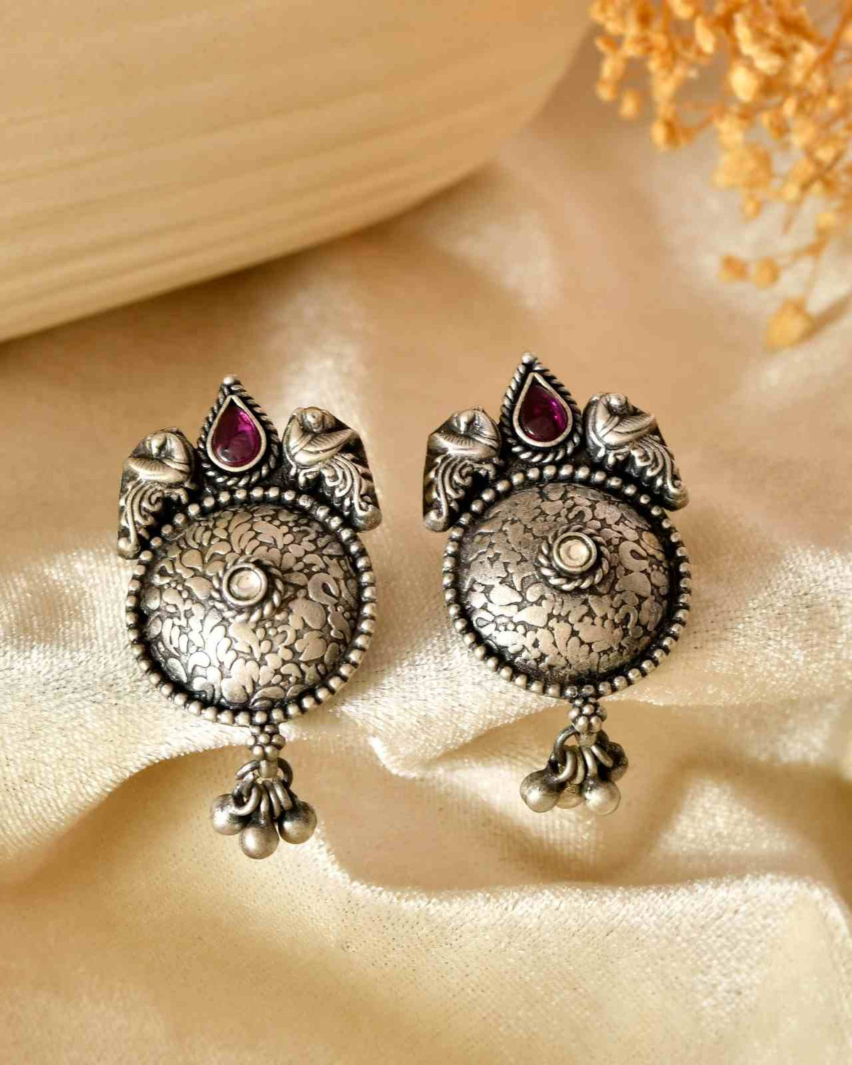 Handcrafted 925 Silver Pink & White Stone Peacock Stud Earrings with Ghungroo Drops