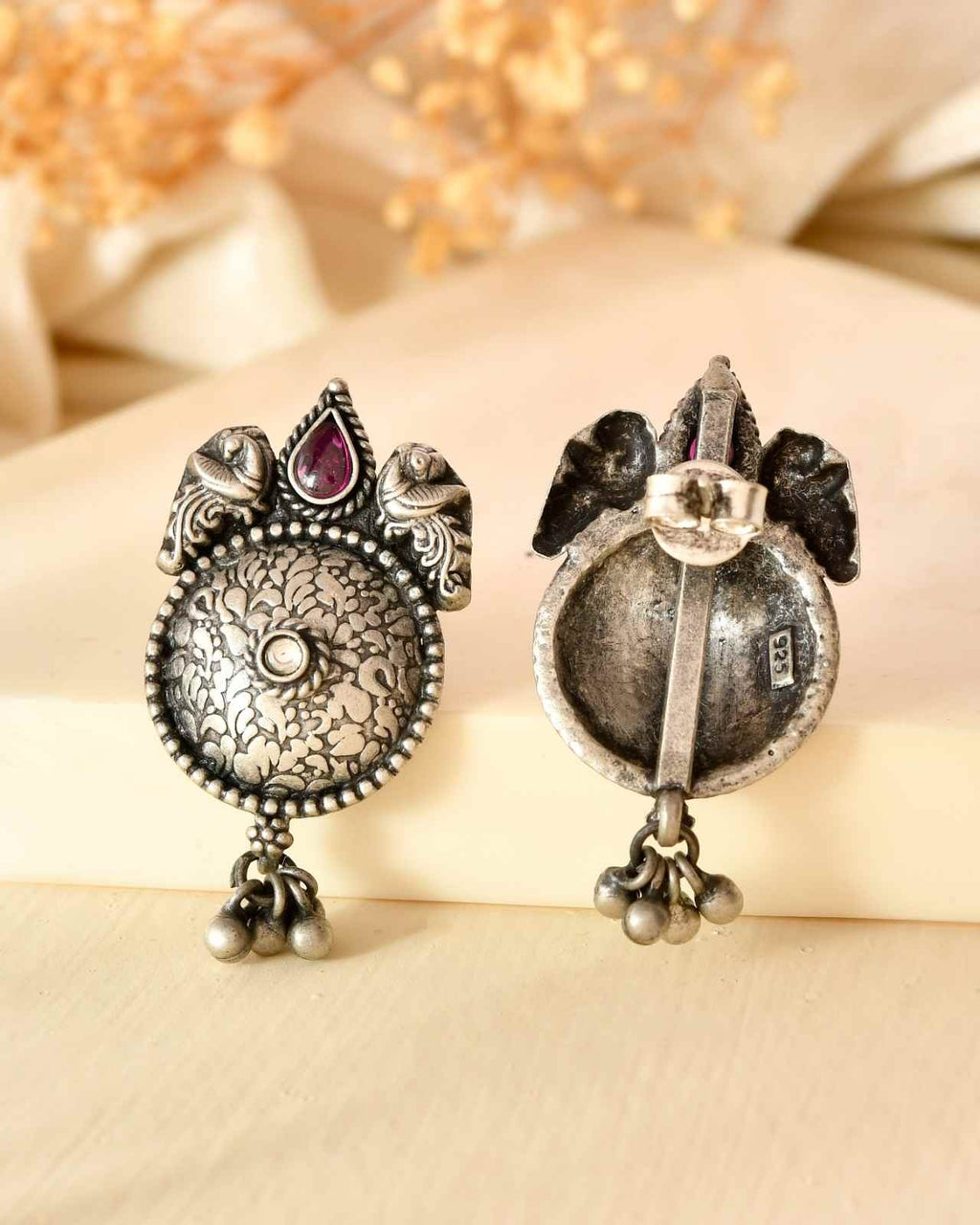 Handcrafted 925 Silver Pink & White Stone Peacock Stud Earrings with Ghungroo Drops