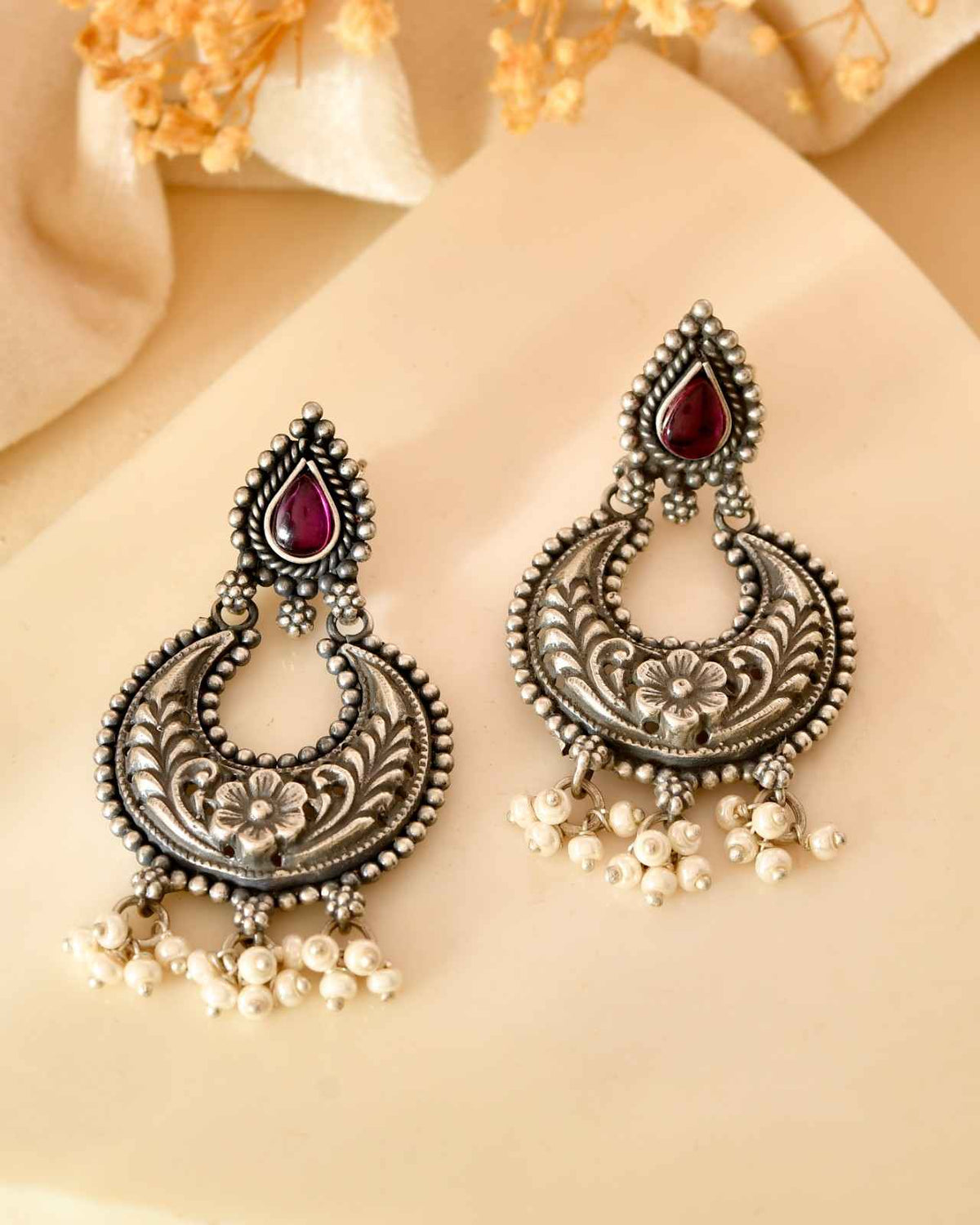 Handcrafted 925 Silver Pink Stone Crescent Chandbali Earrings with Pearl Drops