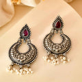 Handcrafted 925 Silver Pink Stone Crescent Chandbali Earrings with Pearl Drops