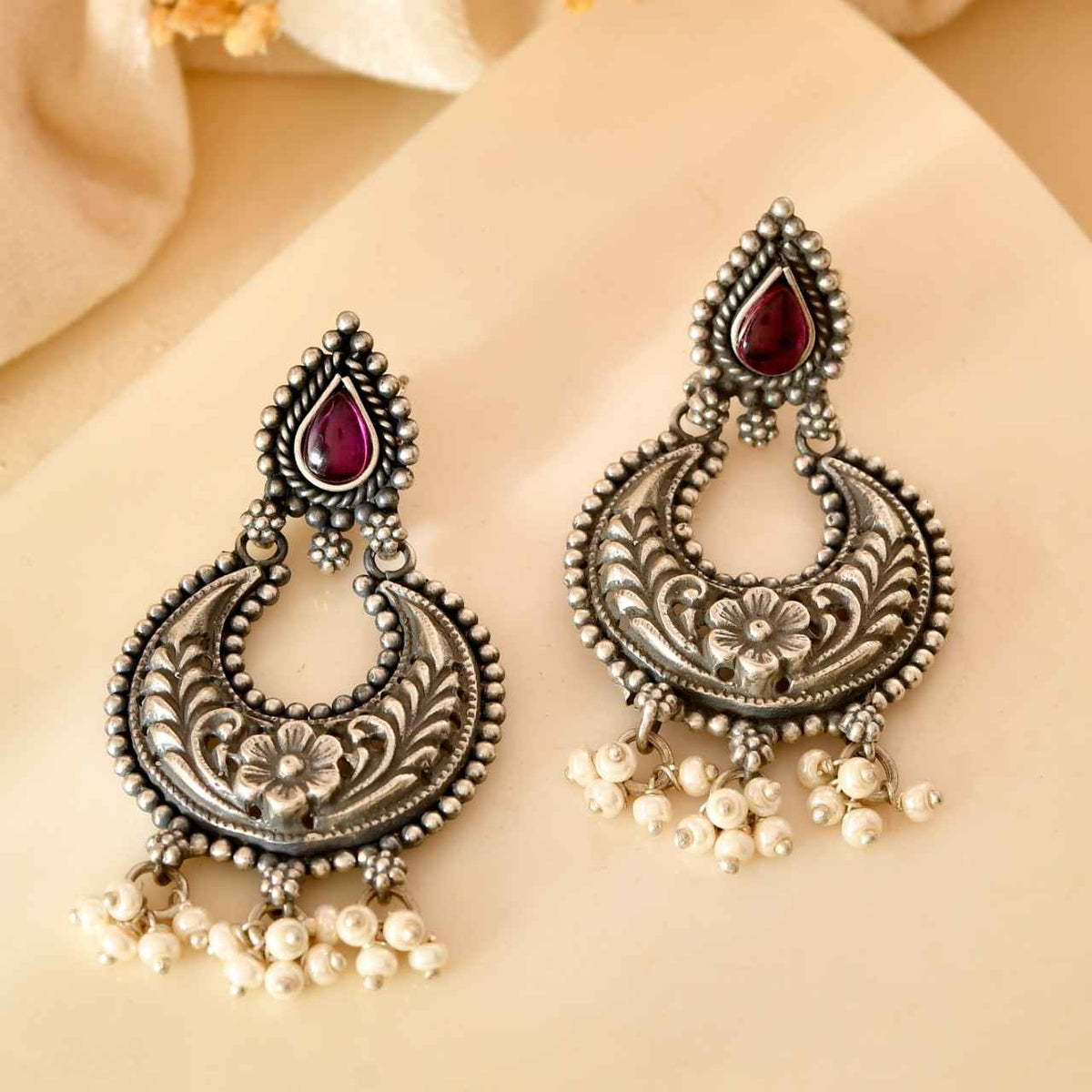 Handcrafted 925 Silver Pink Stone Crescent Chandbali Earrings with Pearl Drops