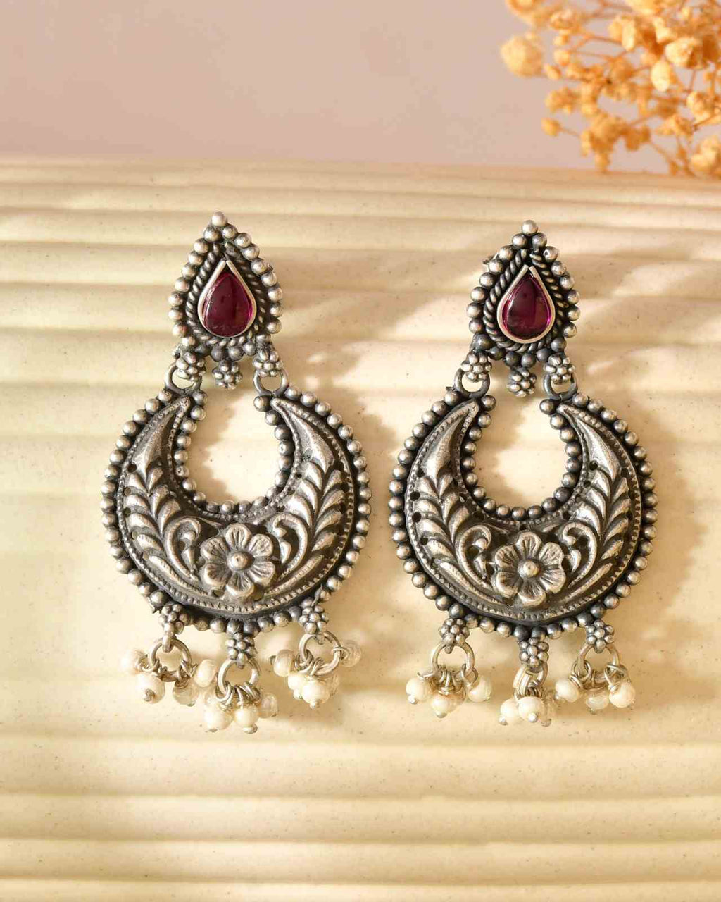 Handcrafted 925 Silver Pink Stone Crescent Chandbali Earrings with Pearl Drops