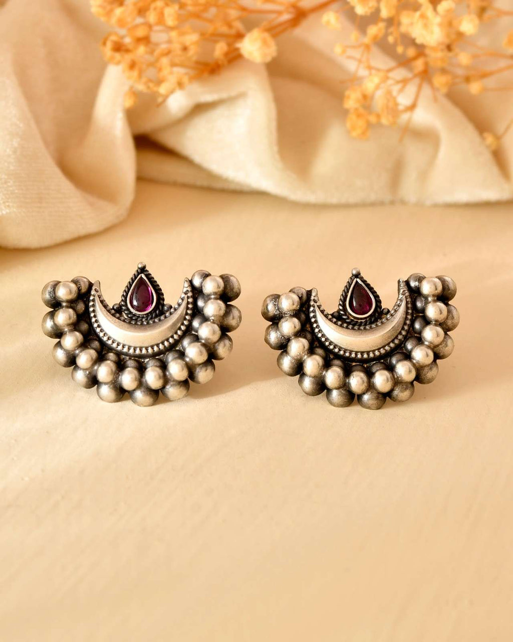 Handcrafted 925 Silver Pink Stone Half-Moon Beaded Stud Earrings