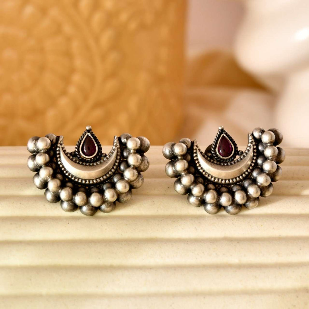 Handcrafted 925 Silver Pink Stone Half-Moon Beaded Stud Earrings