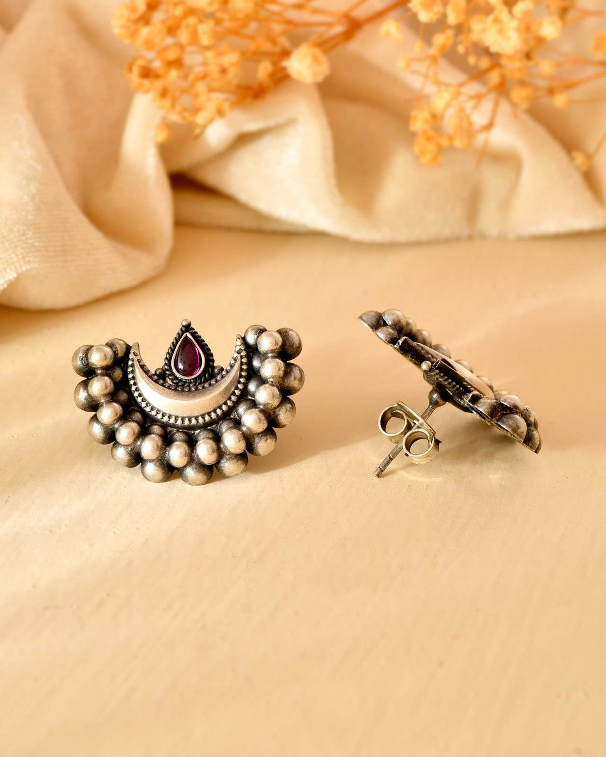 Handcrafted 925 Silver Pink Stone Half-Moon Beaded Stud Earrings