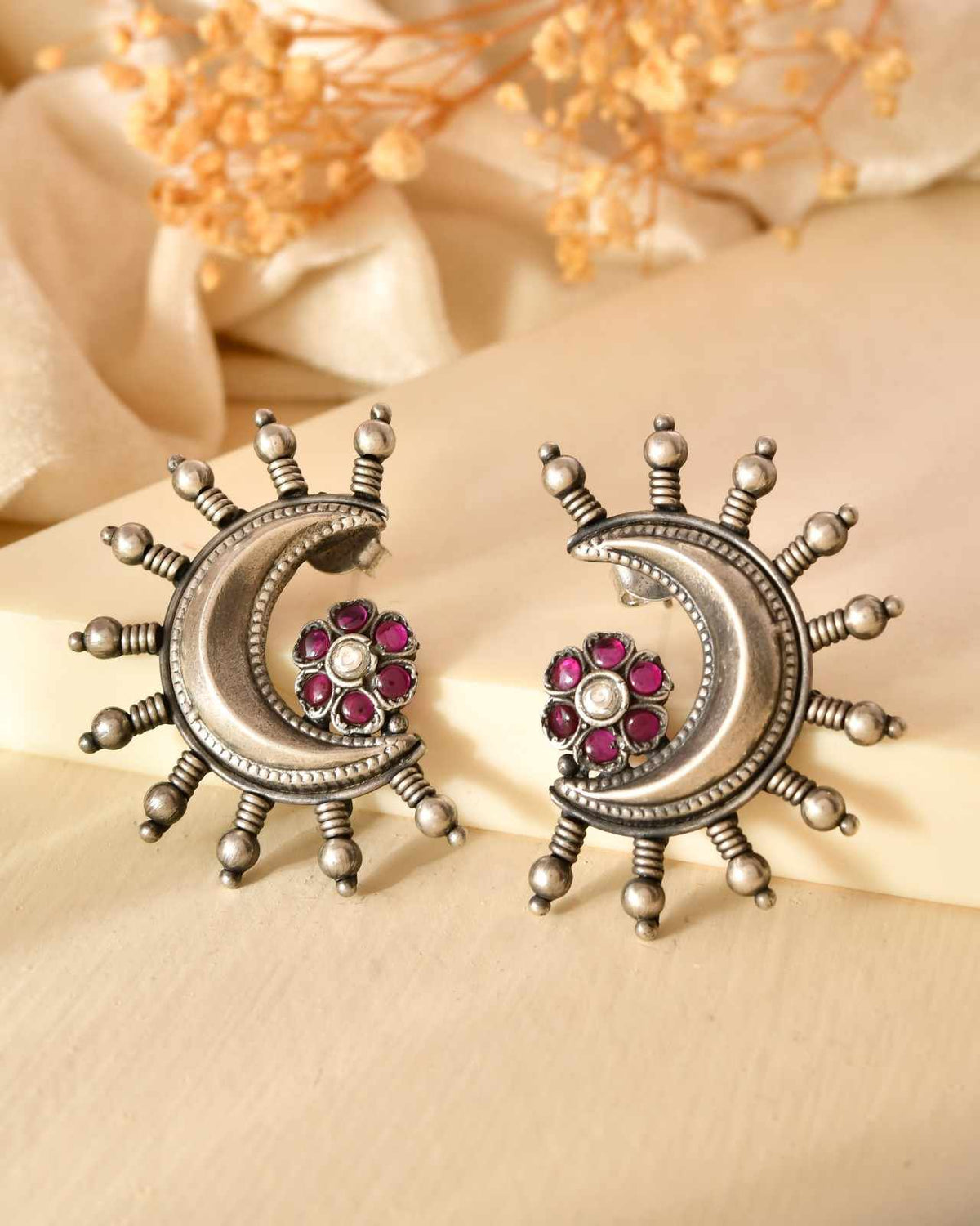 Handcrafted 925 Silver Floral Pink & White Stone Chandbali Earrings with Pearl Accent