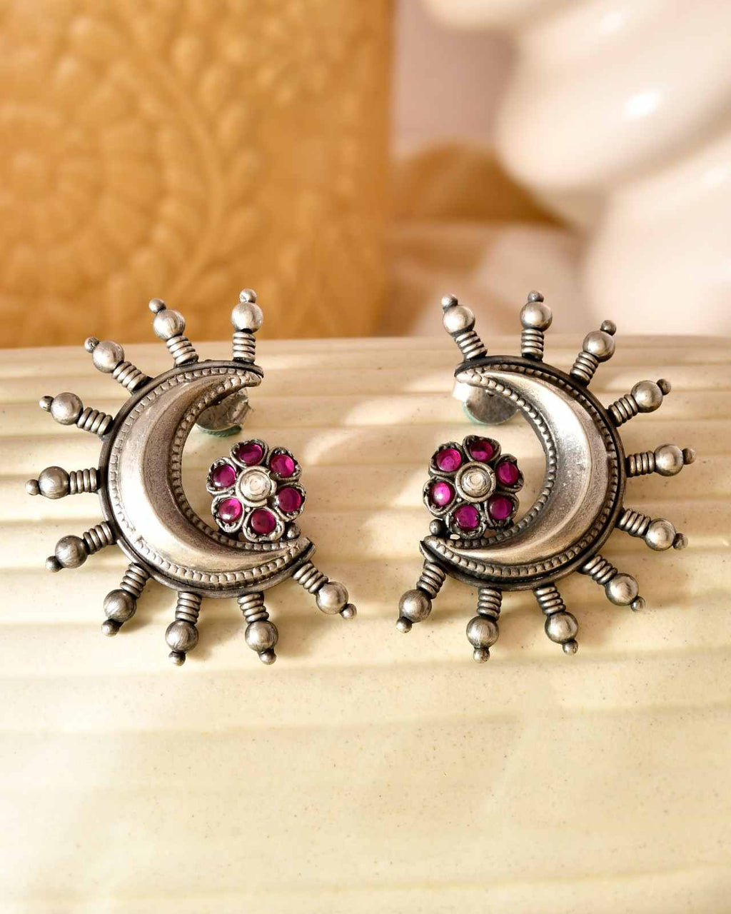 Handcrafted 925 Silver Floral Pink & White Stone Chandbali Earrings with Pearl Accent