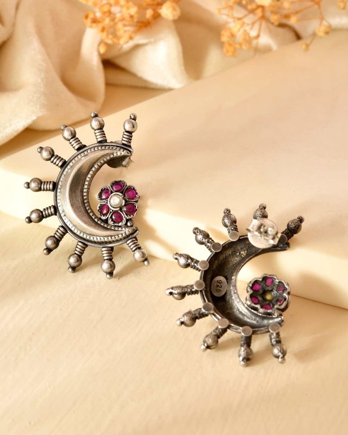 Handcrafted 925 Silver Floral Pink & White Stone Chandbali Earrings with Pearl Accent