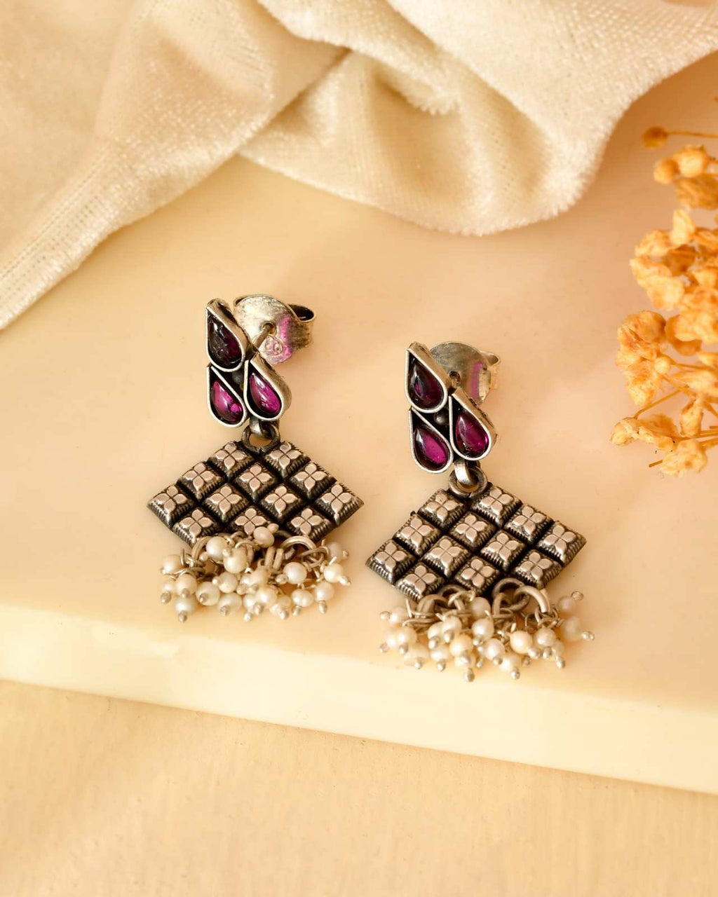 Handcrafted 925 Silver Pink Stone Round Floral Stud Earrings