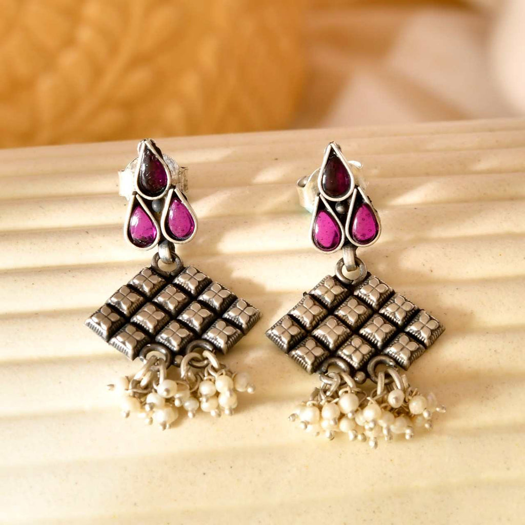 Handcrafted 925 Silver Pink Stone Round Floral Stud Earrings