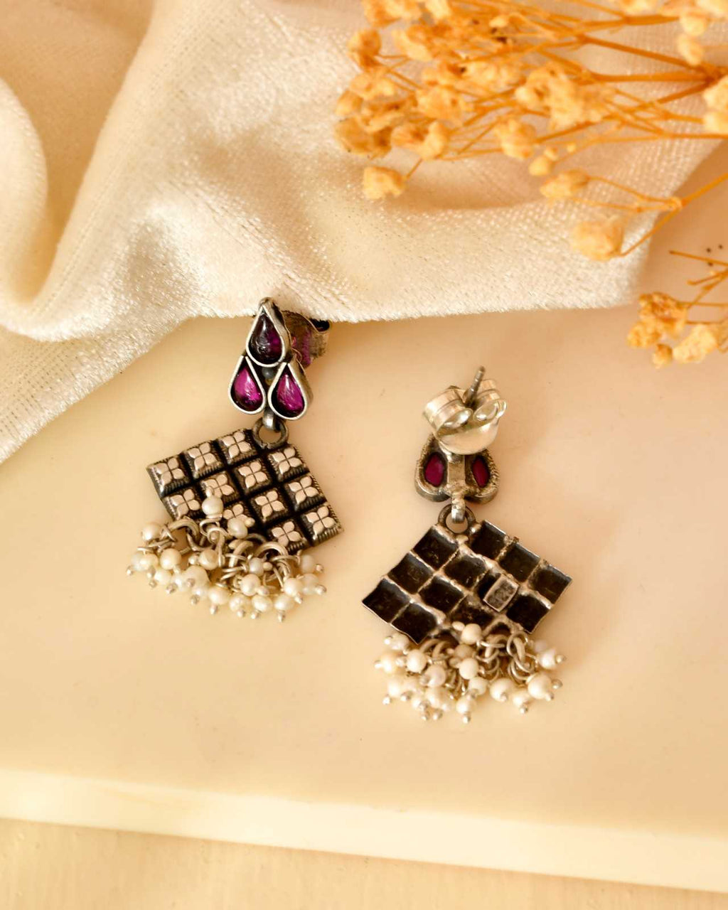 Handcrafted 925 Silver Pink Stone Round Floral Stud Earrings