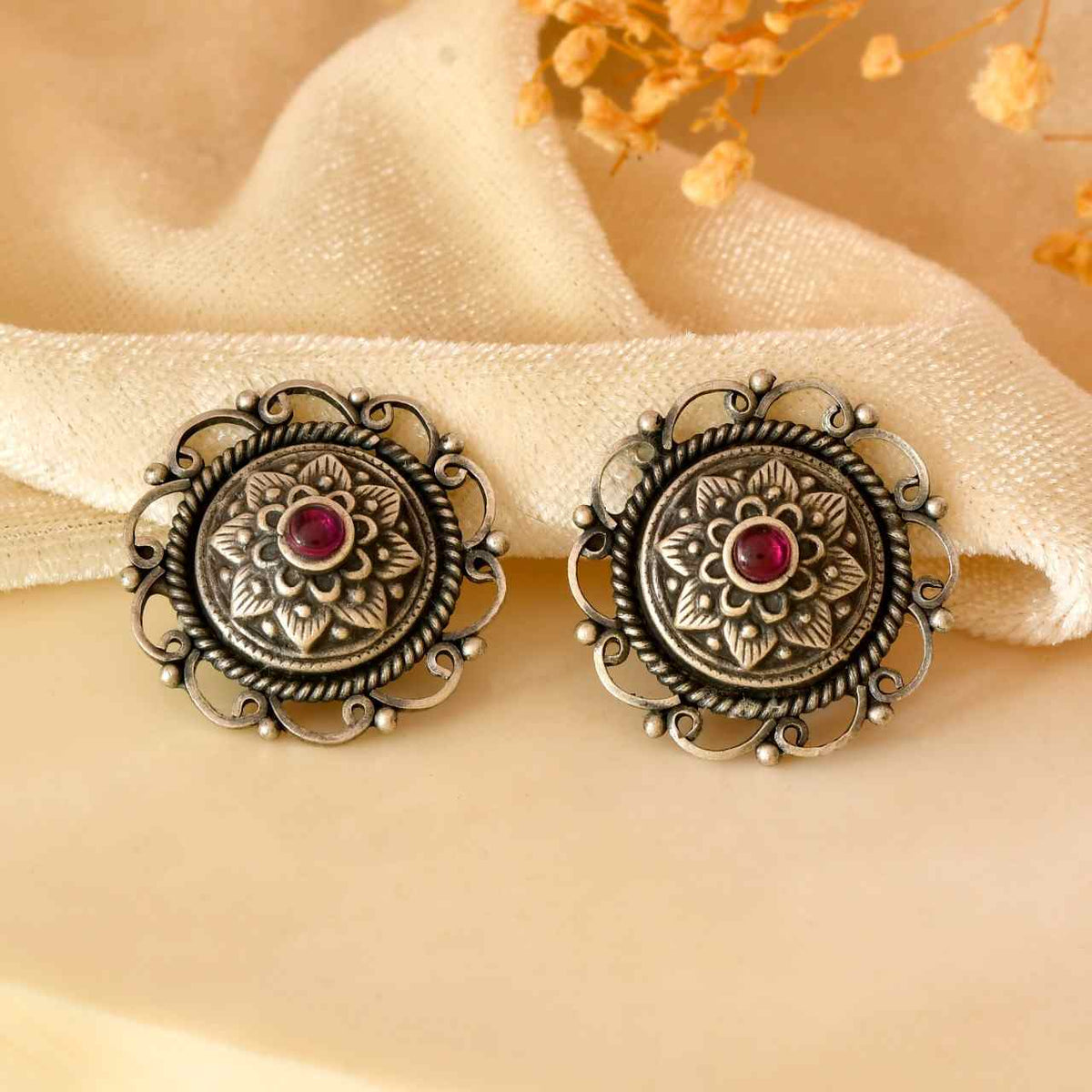 Handcrafted 925 Silver Pink Stone Sunflower Stud Earrings