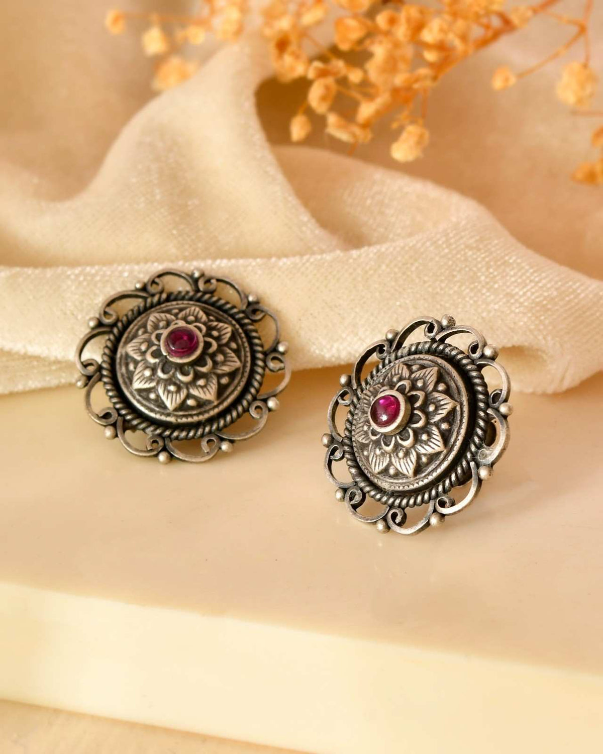 Handcrafted 925 Silver Pink Stone Sunflower Stud Earrings