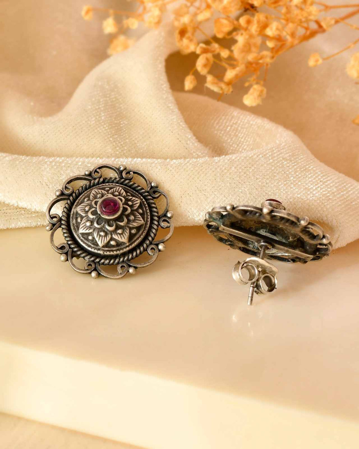 Handcrafted 925 Silver Pink Stone Sunflower Stud Earrings