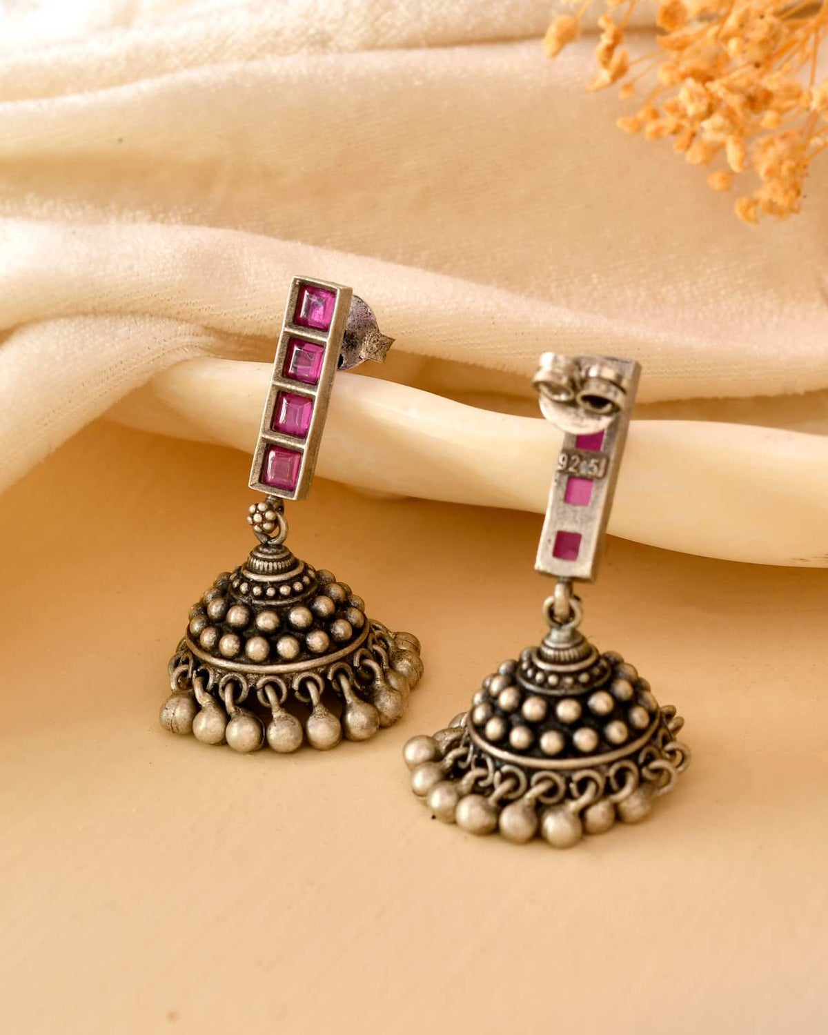 Handcrafted 925 Silver Pink Stone Round Domed Tribal Stud Earrings