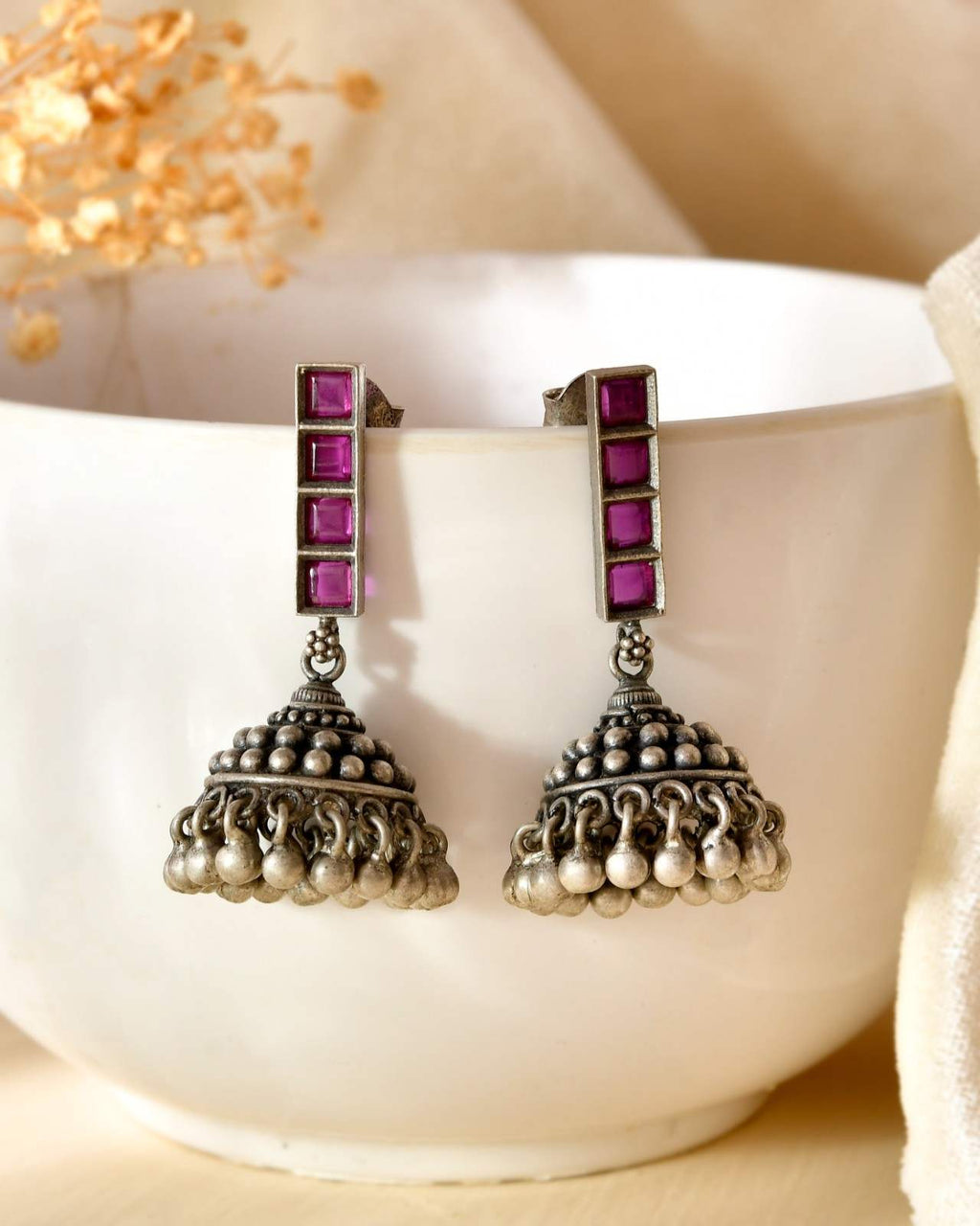 Handcrafted 925 Silver Pink Stone Round Domed Tribal Stud Earrings