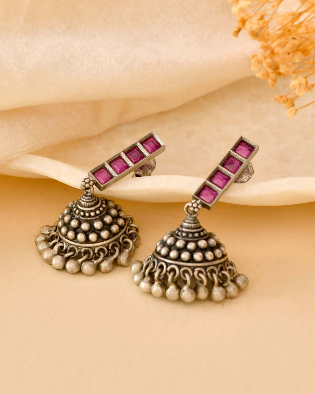 Handcrafted 925 Silver Pink Stone Round Domed Tribal Stud Earrings