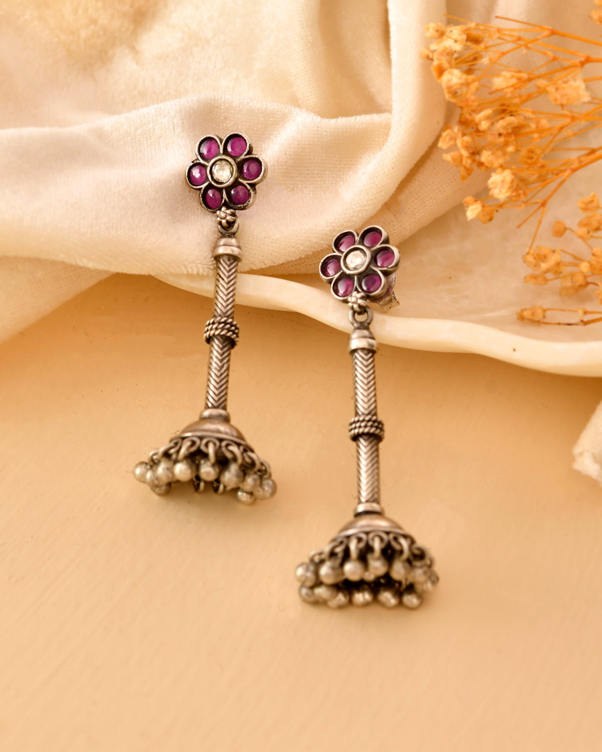 Handcrafted 925 Silver Floral Pink & White Stone Long Pillar Jhumka Earrings