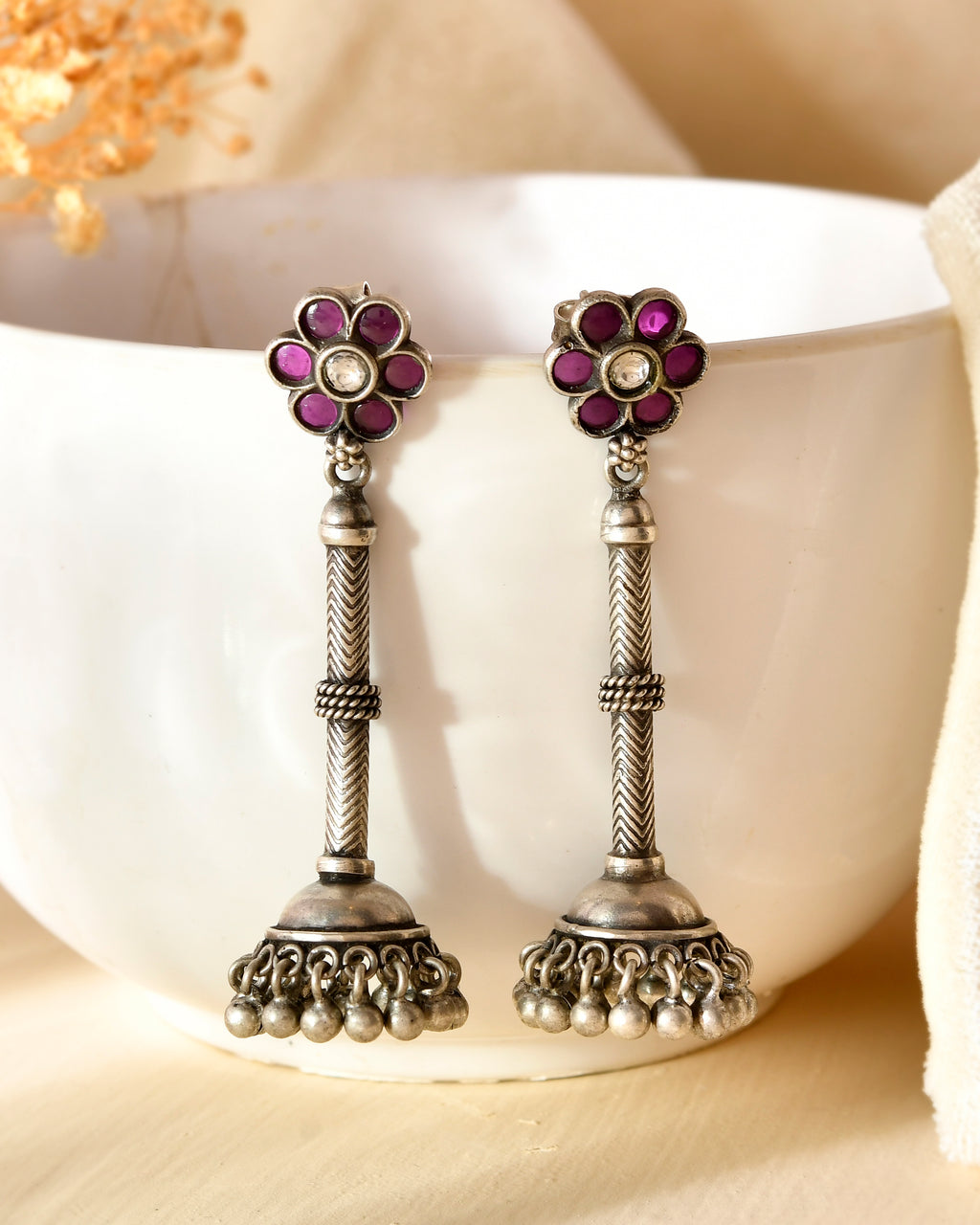 Handcrafted 925 Silver Floral Pink & White Stone Long Pillar Jhumka Earrings