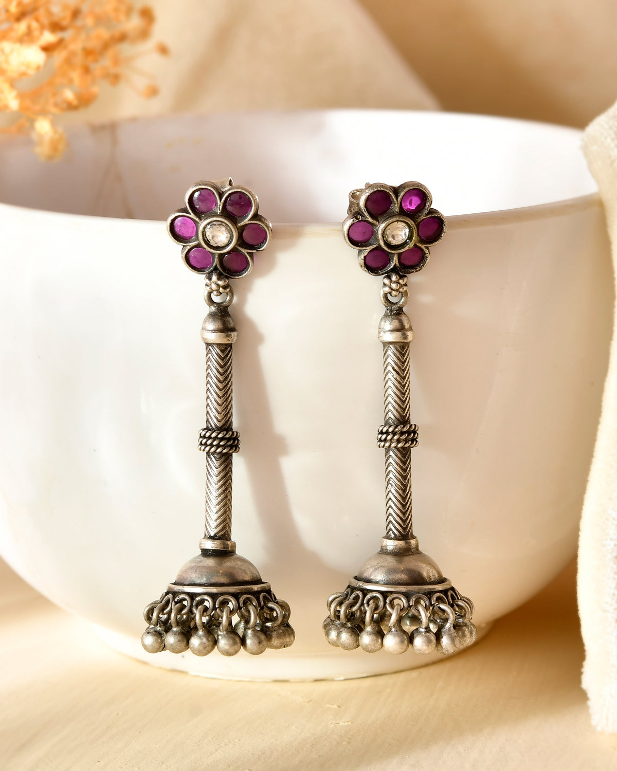 Handcrafted 925 Silver Floral Pink & White Stone Long Pillar Jhumka Earrings
