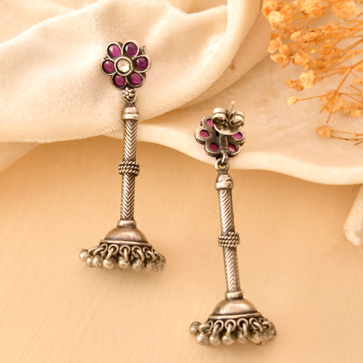 Handcrafted 925 Silver Floral Pink & White Stone Long Pillar Jhumka Earrings