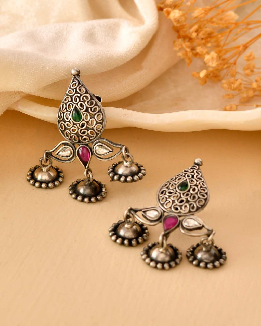 Handcrafted 925 Silver Teardrop Filigree Multi-Stone Drop Jhumka Earrings