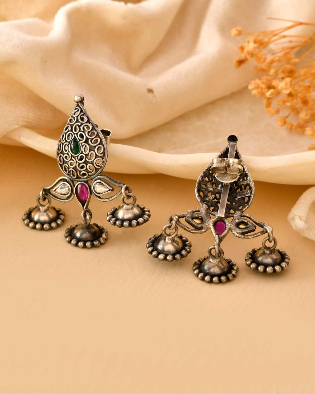 Handcrafted 925 Silver Teardrop Filigree Multi-Stone Drop Jhumka Earrings