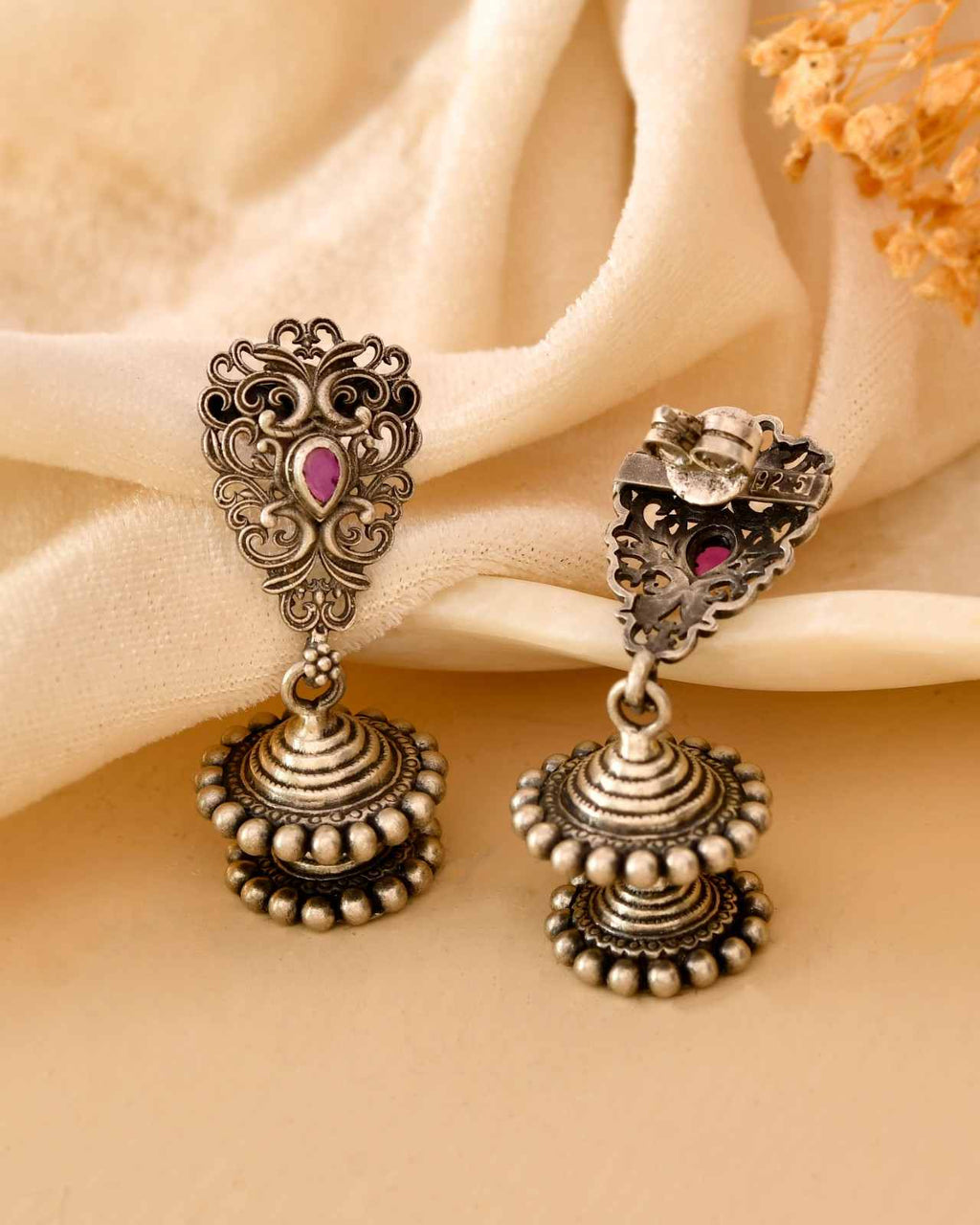 Handcrafted 925 Silver Filigree Pink Stone Double Step Jhumka Earrings