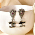 Handcrafted 925 Silver Filigree Pink Stone Double Step Jhumka Earrings