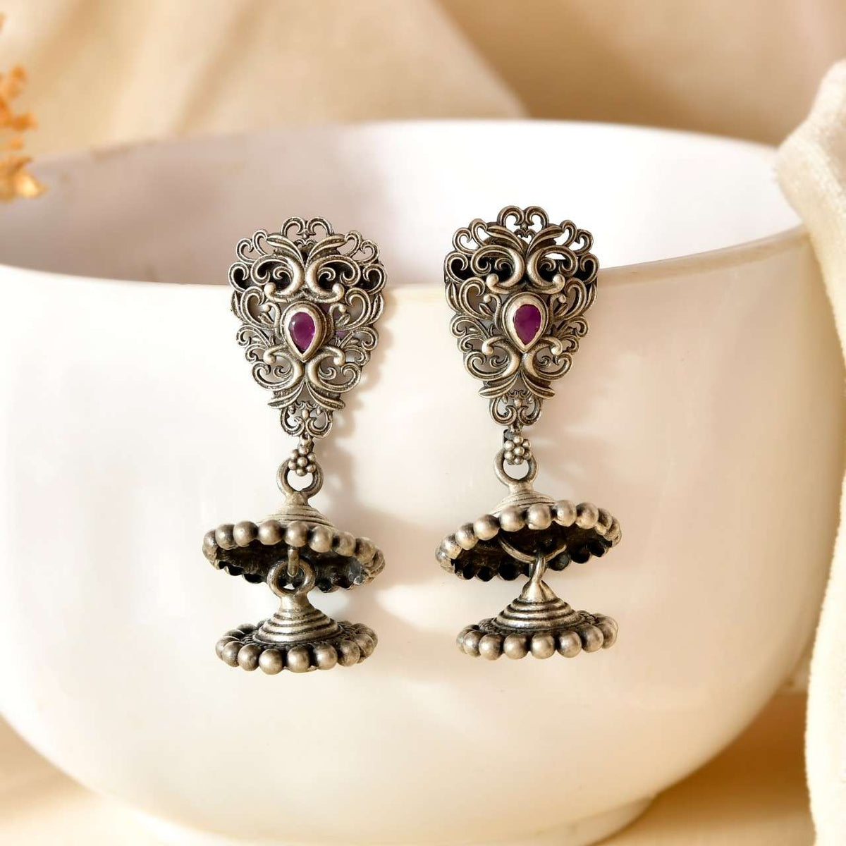 Handcrafted 925 Silver Filigree Pink Stone Double Step Jhumka Earrings