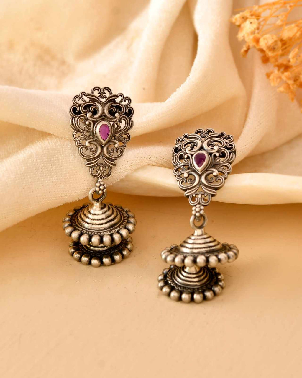 Handcrafted 925 Silver Filigree Pink Stone Double Step Jhumka Earrings