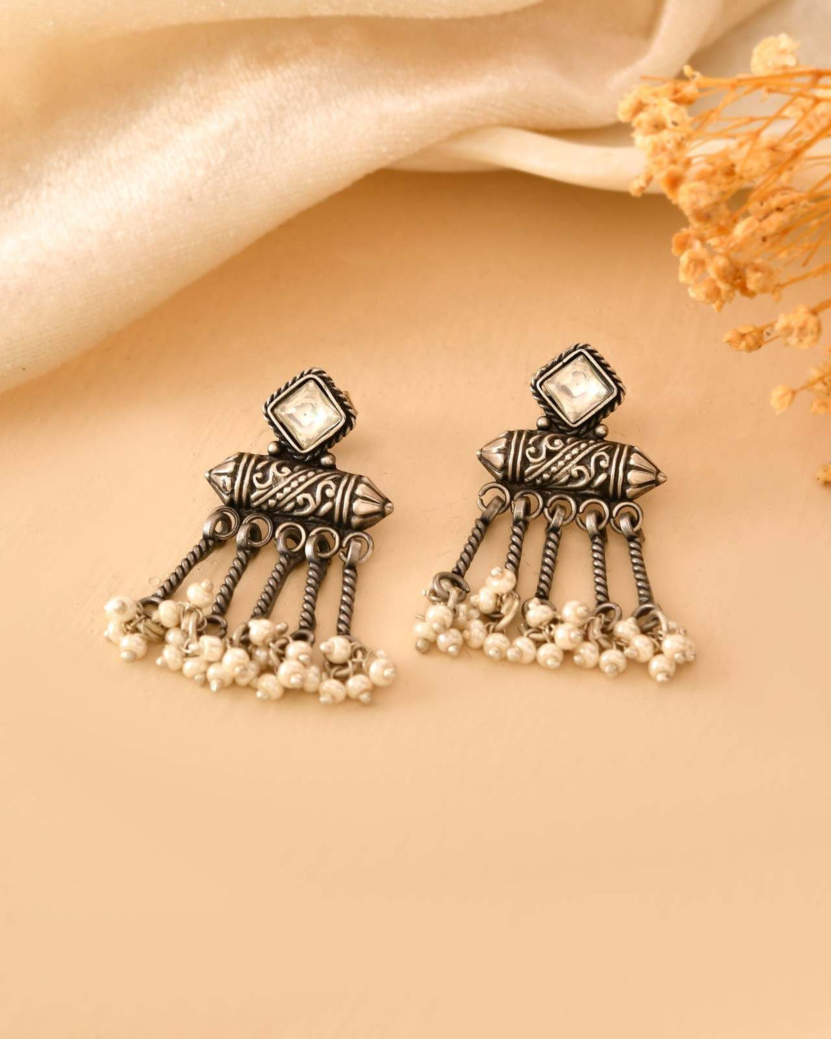 Handcrafted 925 Silver Square Stone Tribal Cylinder Pearl Tassel Drop Earrings