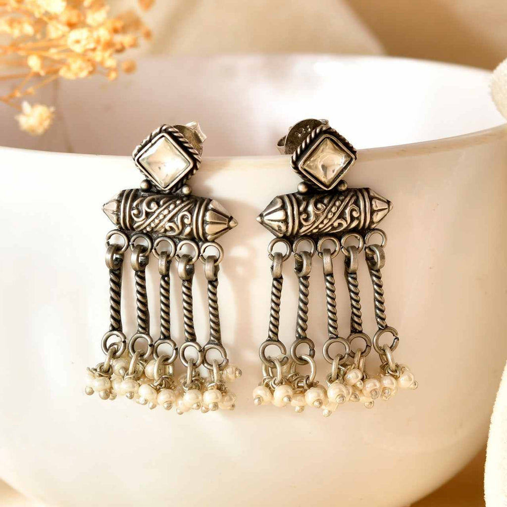 Handcrafted 925 Silver Square Stone Tribal Cylinder Pearl Tassel Drop Earrings