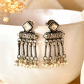 Handcrafted 925 Silver Square Stone Tribal Cylinder Pearl Tassel Drop Earrings