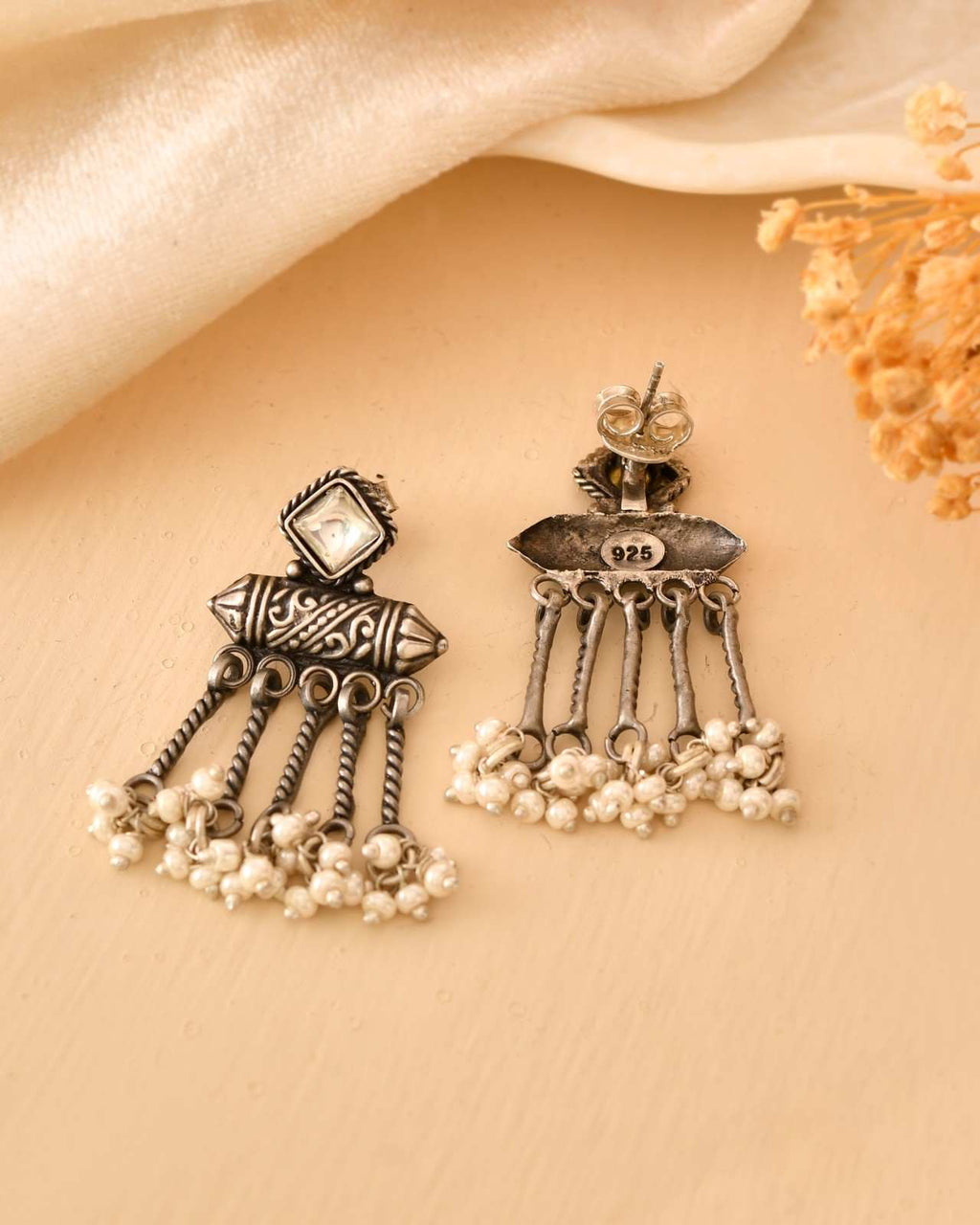 Handcrafted 925 Silver Square Stone Tribal Cylinder Pearl Tassel Drop Earrings